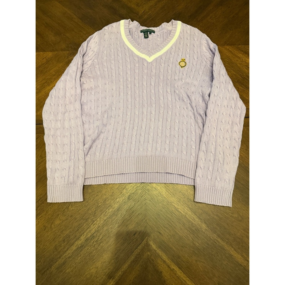 Lauren Active Ralph Lauren Lavender Cotton Cable Knit V-Neck Crest Sweater XL